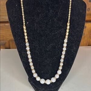 Long Contemporary Gold tone acrylic and White glass Beaded Necklace 32”